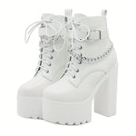 Women's Chain Decor Block Heeled Boots, Fashion Lace Up Side Zipper Boots, Women's Stylish Ankle Boots