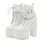 Women's Chain Decor Block Heeled Boots, Fashion Lace Up Side Zipper Boots, Women's Stylish Ankle Boots