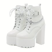Women's Chain Decor Block Heeled Boots, Fashion Lace Up Side Zipper Boots, Women's Stylish Ankle Boots