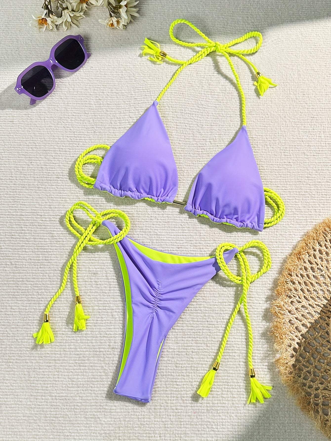 Triangle Halter Neck Bikini Sets, V Neck Tie Back Tie Side Backless High Cut Two Pieces Swimsuit, Women's Swimwear & Clothing Koningsdag/King's Day