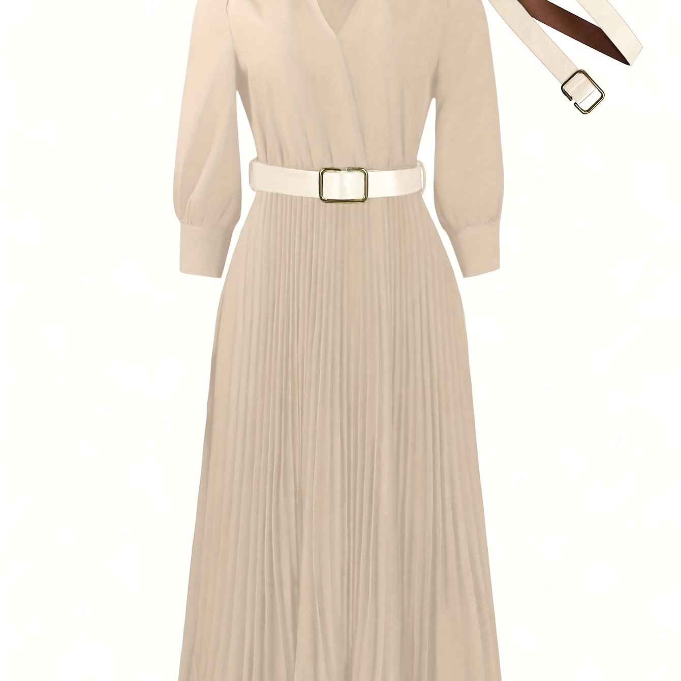 Elegant V-Neck Pleated Midi Dress with Belt for Women - Chic Long Sleeve, Cinched Waist, Ribbed Texture, Perfect for Spring & Fall Formal Event