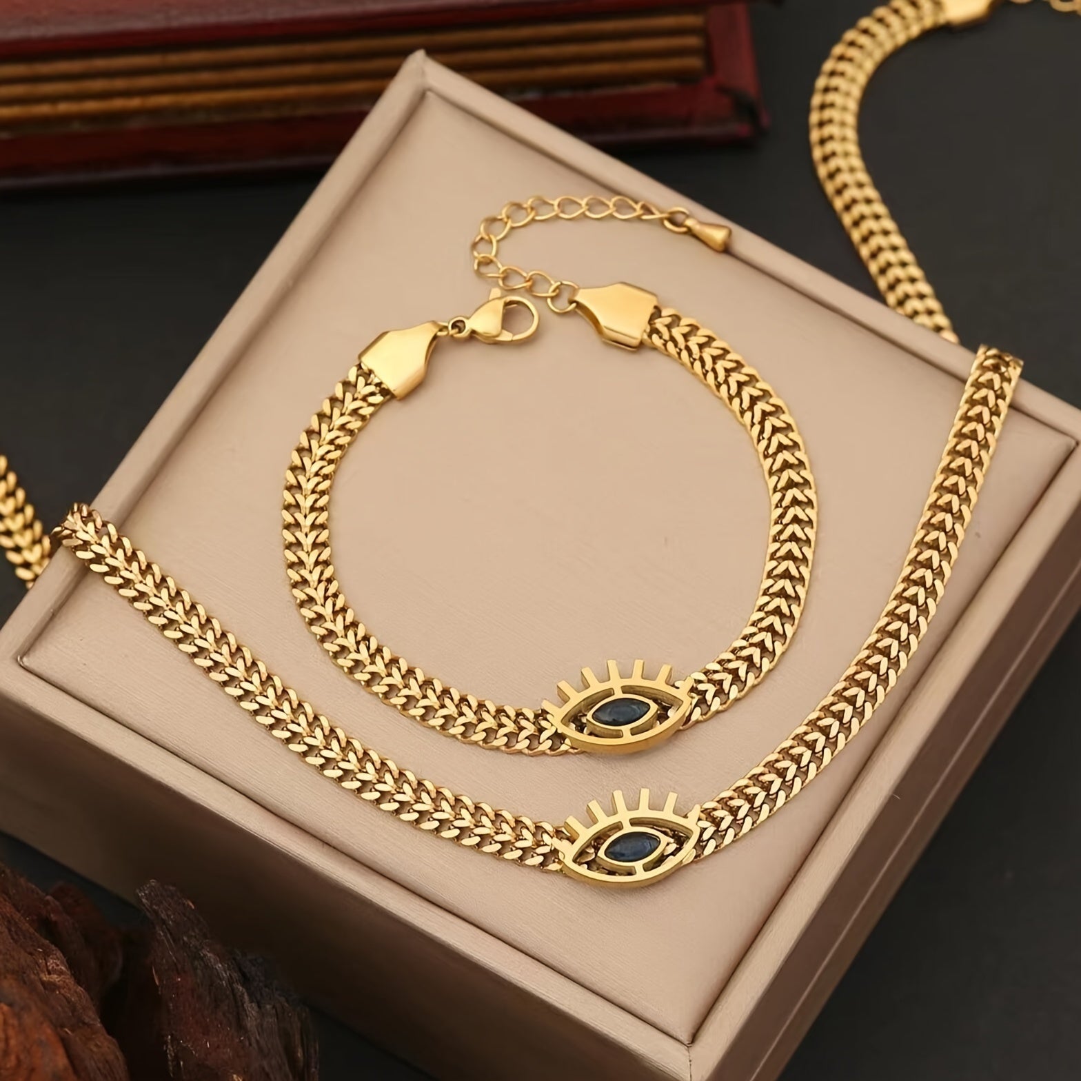 2pcs/set, Golden Stainless Eye Shape Design, Inlaid Sparking zirconia Pendant Necklace & Bracelet Set, Fashion Unique Accessory For Daily Wear & Party, Idea Gift For Ladies