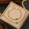 2pcs/set, Golden Stainless Eye Shape Design, Inlaid Sparking zirconia Pendant Necklace & Bracelet Set, Fashion Unique Accessory For Daily Wear & Party, Idea Gift For Ladies
