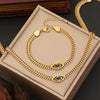 2pcs/set, Golden Stainless Eye Shape Design, Inlaid Sparking zirconia Pendant Necklace & Bracelet Set, Fashion Unique Accessory For Daily Wear & Party, Idea Gift For Ladies