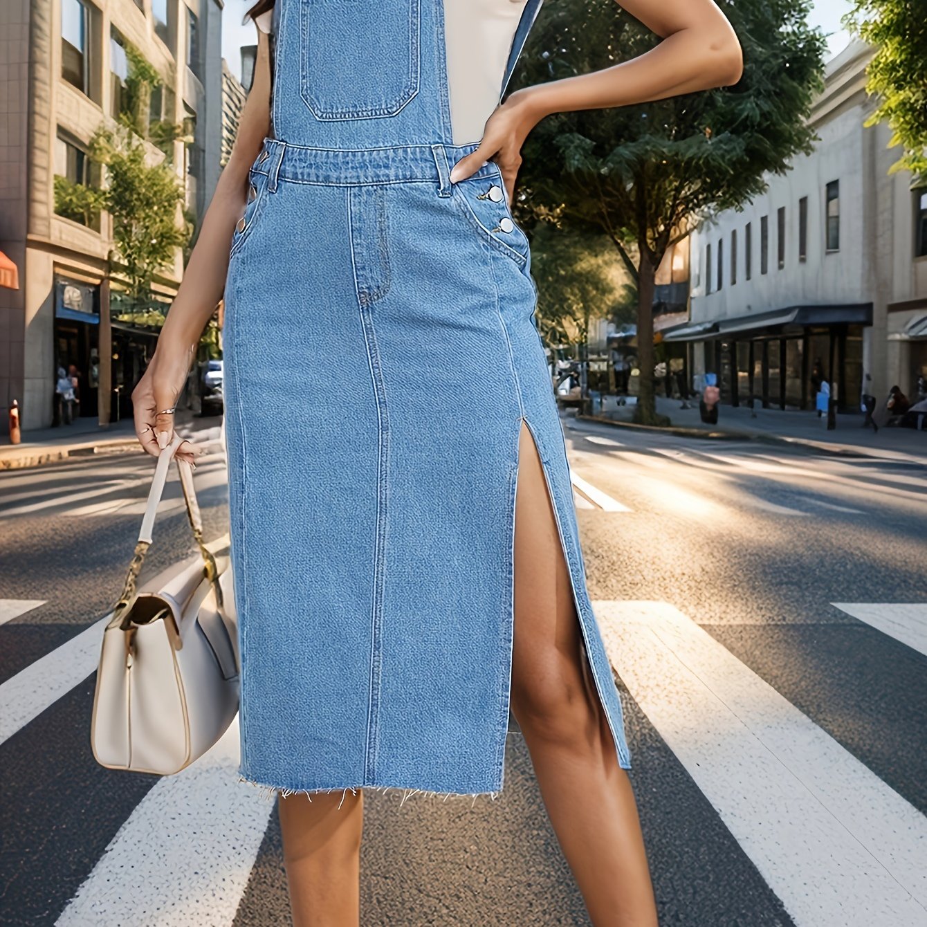 Street Trend Women's Denim Strap Skirt - Sleeveless Side Slit Summer Skater Skirt, Machine Washable Casual Streetwear Outfit with Denim Fabric, Denim Skirt