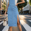Street Trend Women's Denim Strap Skirt - Sleeveless Side Slit Summer Skater Skirt, Machine Washable Casual Streetwear Outfit with Denim Fabric, Denim Skirt