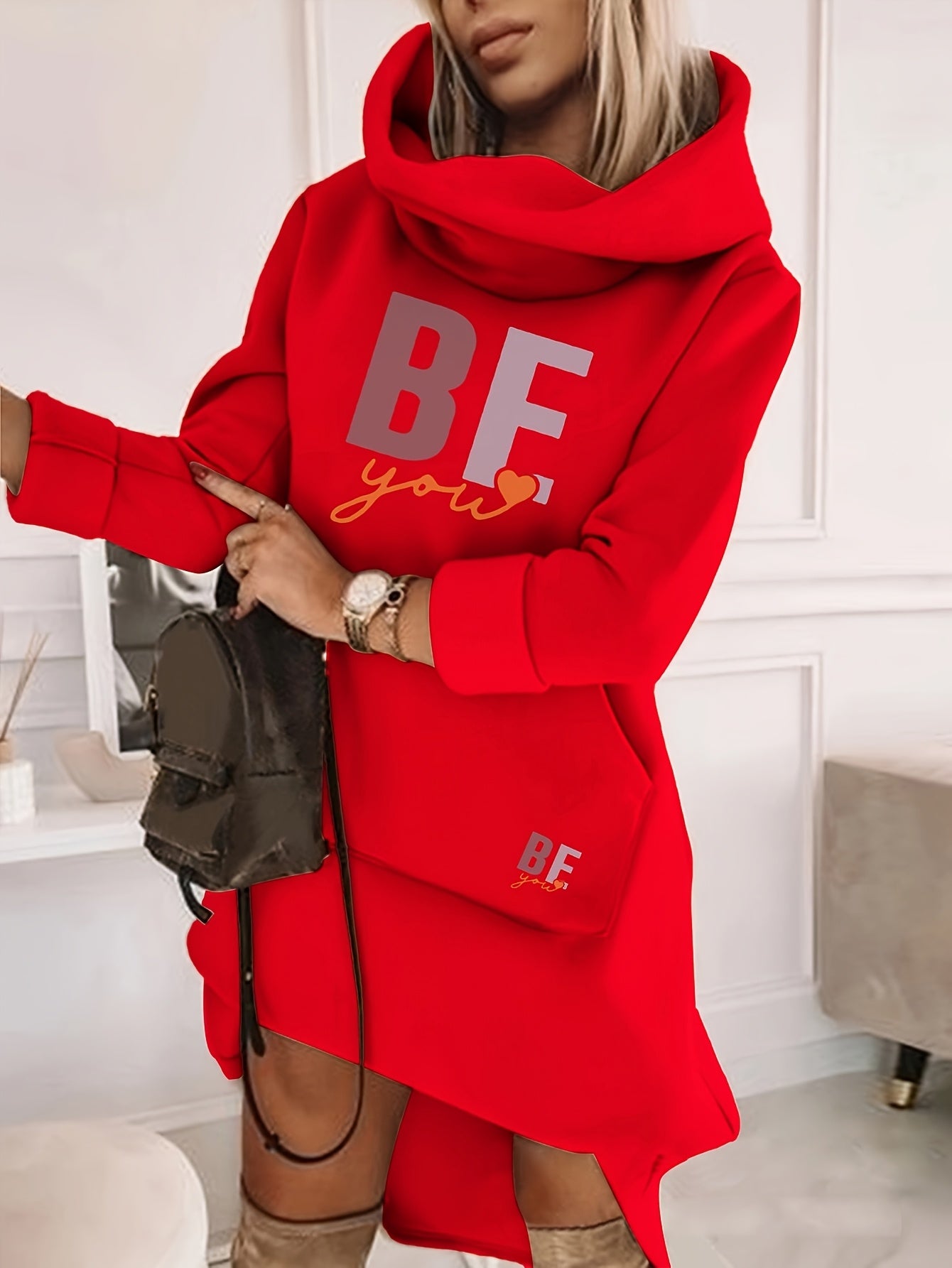 Women's Fashion Hooded Tunic Dress, 100% Polyester Knit Fabric, Geometric Pattern, Applique Detail, for Spring/Summer/Fall