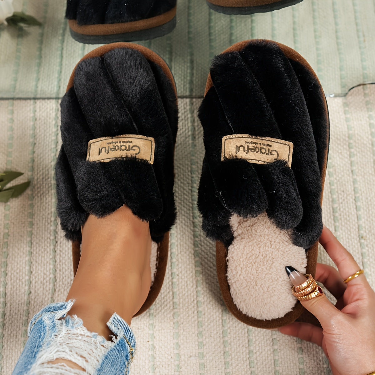 Women'S Minimalist Stylish Indoor Cozy Warm Soft-Bottom Silent Fluffy Slippers