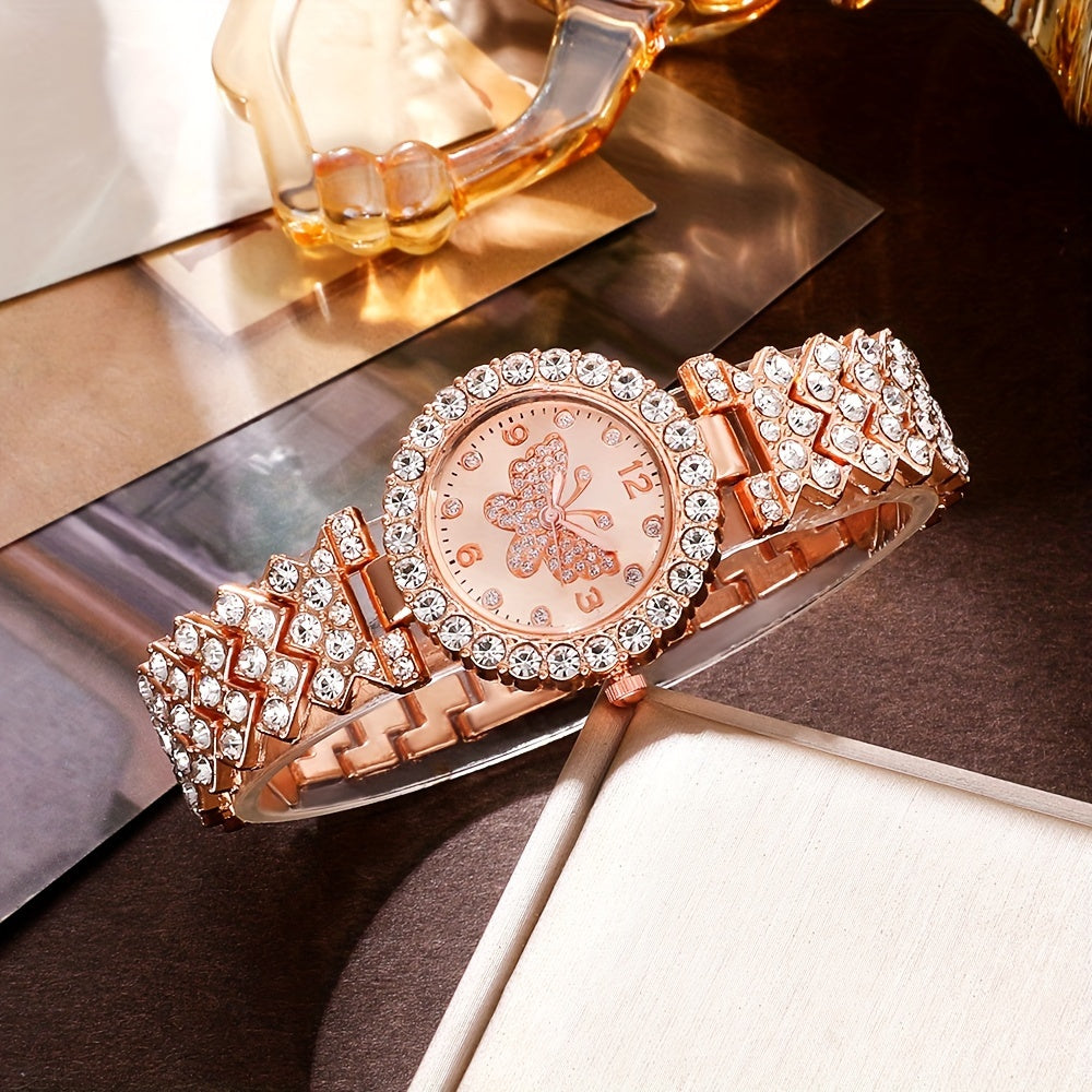 6pcs Women'S Fashion Elegant Quartz Watch, Rose Golden, Zinc Alloy Strap, Round Dial, Zinc Alloy Case, Necklace Earrings Ring Bracelet Gift Set