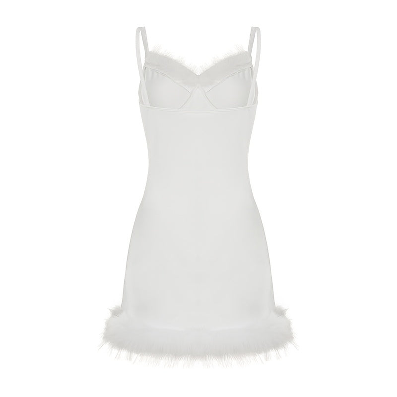 Women'S White Furry Trim Spaghetti Strap Dress, Sexy Sleeveless Knit Slip with Raw Hem Detail, Polyester 95% Elastane 5%, Solid Color, Fall/Winter Collection