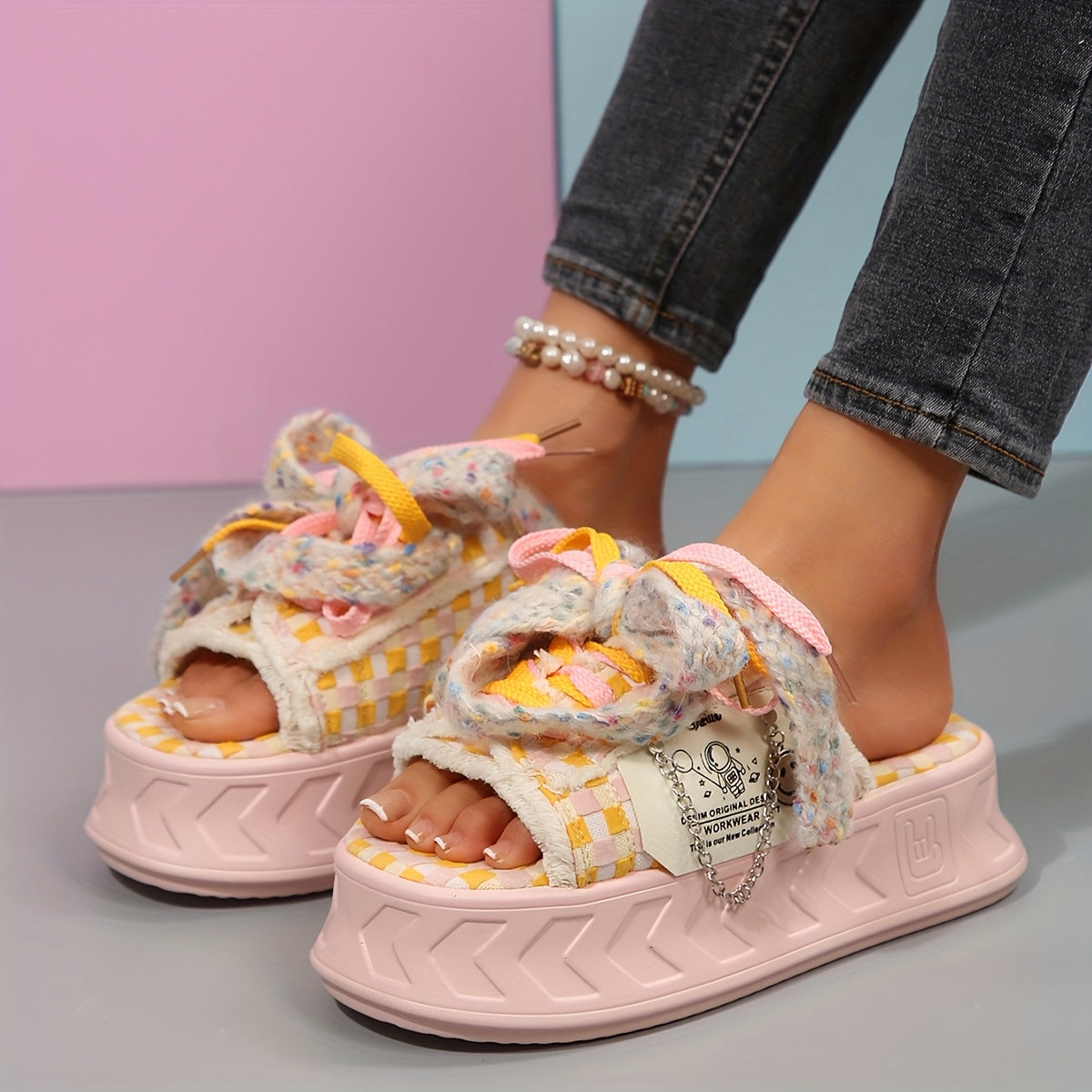 Women's Cute Thick Sole Slide Sandals - Spring/Summer 2025 Collection, Pastel Checkered Design with Bowknot, Open Toe, Fabric Upper & Rubber Sole, Comfortable Outdoor Wear, Casual Sandals | Bowknot Detail | Soft Strap Sandals