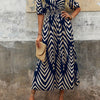 Women's Elegant Vacation V-Neck Midi Dress with Bold Blue & White Chevron Print, Tie Waist, and Half Sleeves - Perfect for Spring/Summer Getaways, Casual Elegance | Aline Silhouette | Stylish Coverup, Vacation Dress