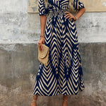 Women's Elegant Vacation V-Neck Midi Dress with Bold Blue & White Chevron Print, Tie Waist, and Half Sleeves - Perfect for Spring/Summer Getaways, Casual Elegance | Aline Silhouette | Stylish Coverup, Vacation Dress