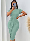 Elegant Light Blue Ruffle Trim Bodycon Midi Dress for Women - Short Sleeve, Round Neck, Stretchy Polyester Blend, Knot Detail, Machine Washable