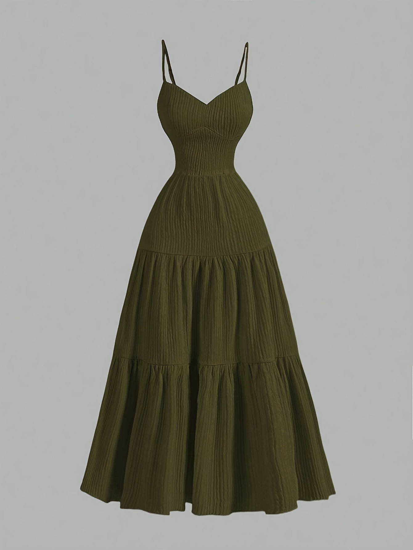 Elegant Apricot Sleeveless V-Neck Midi Dress with Ruffled Waist & Layered Tiered Skirt - Polyester, Machine Washable, All-Season Women’s Fashion
