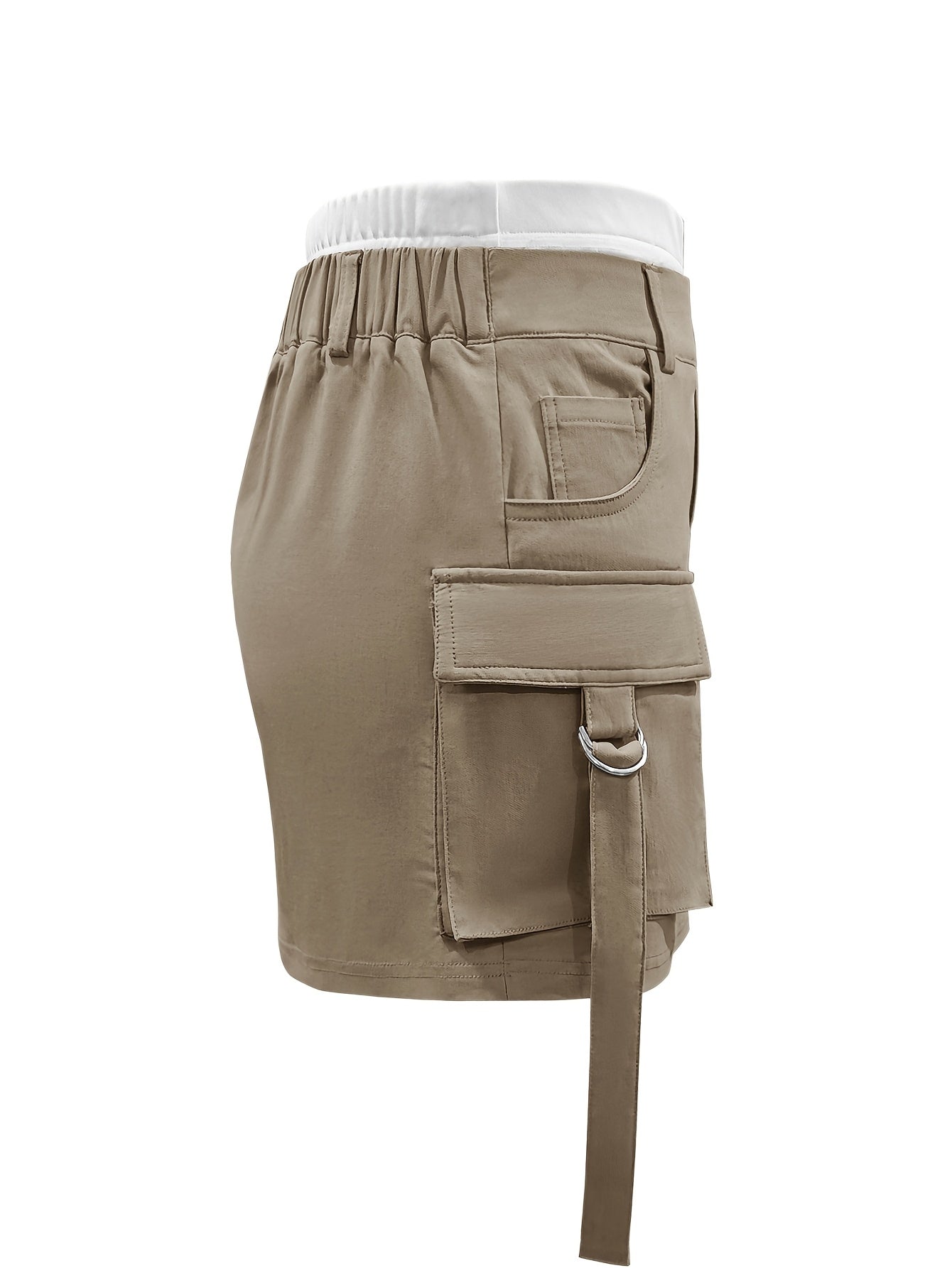 Women's High-Waisted Casual Shorts with Contrast Waistband & Multiple Pockets - Solid Black Non-Stretch Fabric, Machine Washable All-Season Versatile Style, Functional Clothing, Durable Summer Wear