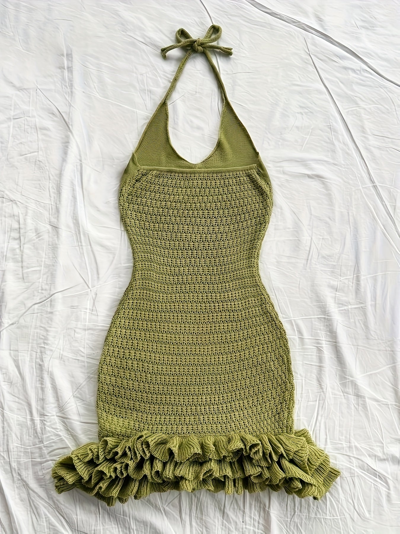 Green Halter Neck Knit Dress - Casual Sleeveless Ruffled Hem Dress for Women, Lightweight Polyester Fabric, Perfect for Summer and Beach Outfits, Beach Dress