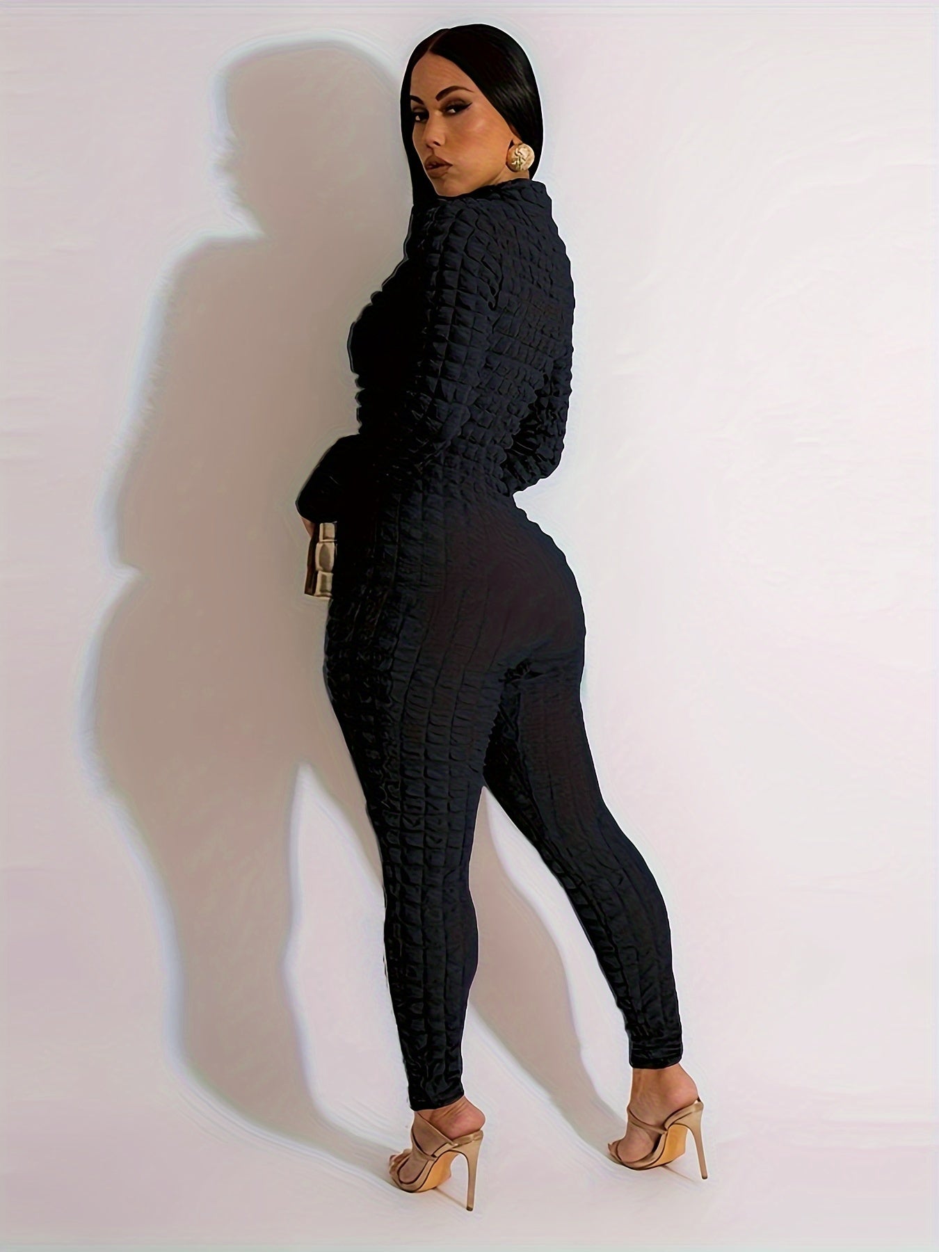 Women'S Solid Color Popcorn Jumpsuit, Polyester 95% Spandex 5% Long Sleeve Crew Neck Knit Fabric, Chain Detail, Regular Sleeve, Spring/Fall Season, 250g/m² Fabric Weight