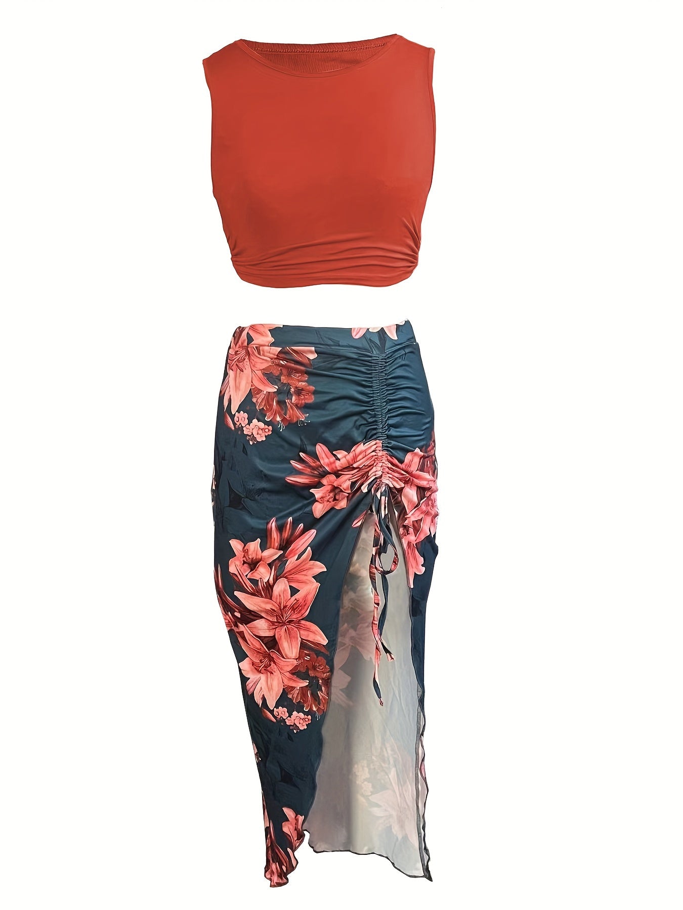Elegant Floral Print Two-Piece Set for Women - Crop Tank Top & High Slit Skirt with Drawstring Detail, Polyester, Machine Washable - Perfect for Spring/Summer, Short, Print