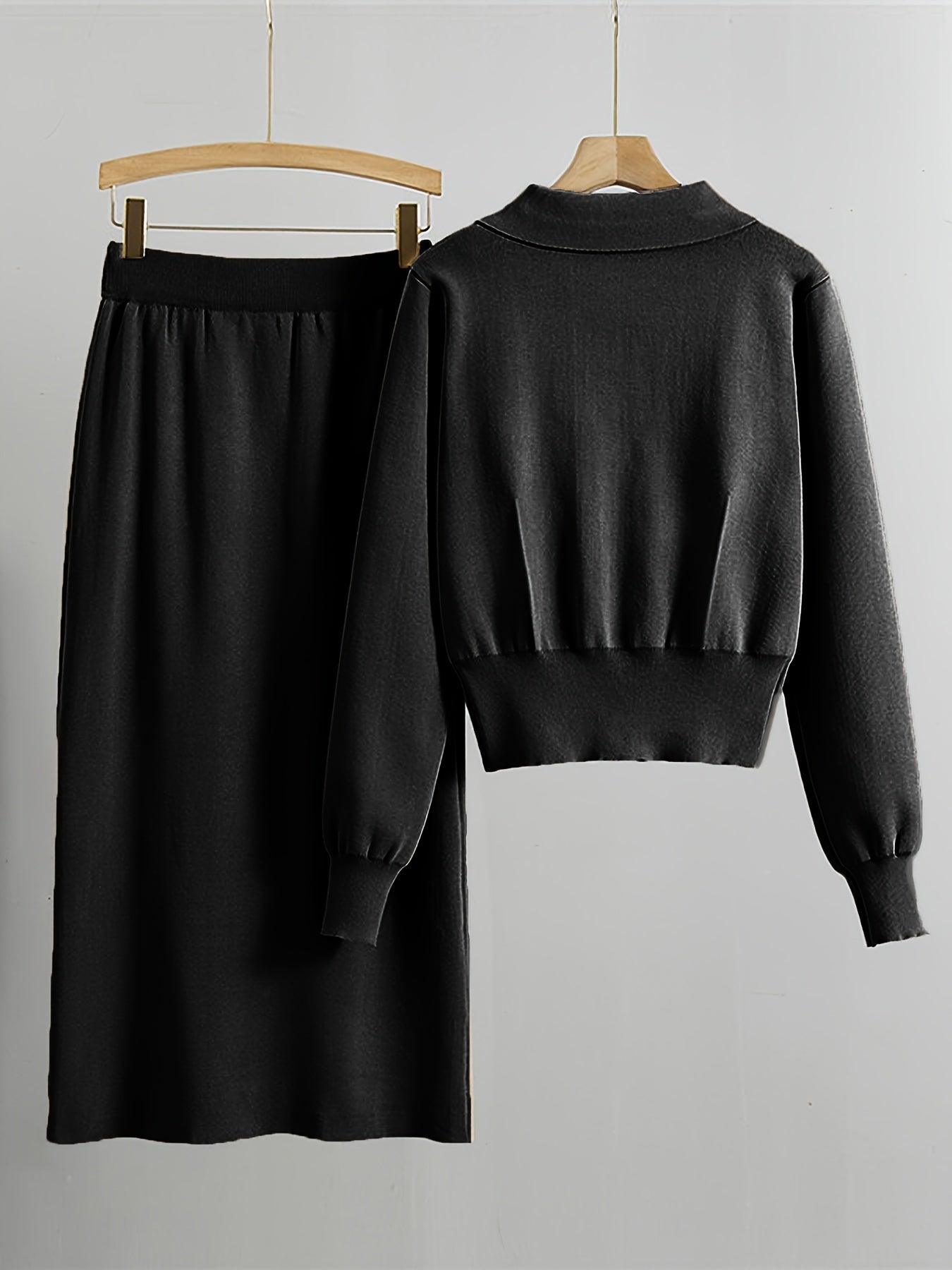 2pcs Women'S Viscose Blend Co-ord Set, Casual Lapel Collar Long Sleeve Knit Sweater and Skirt, Solid Color, Regular Fit, with Fake Button Details