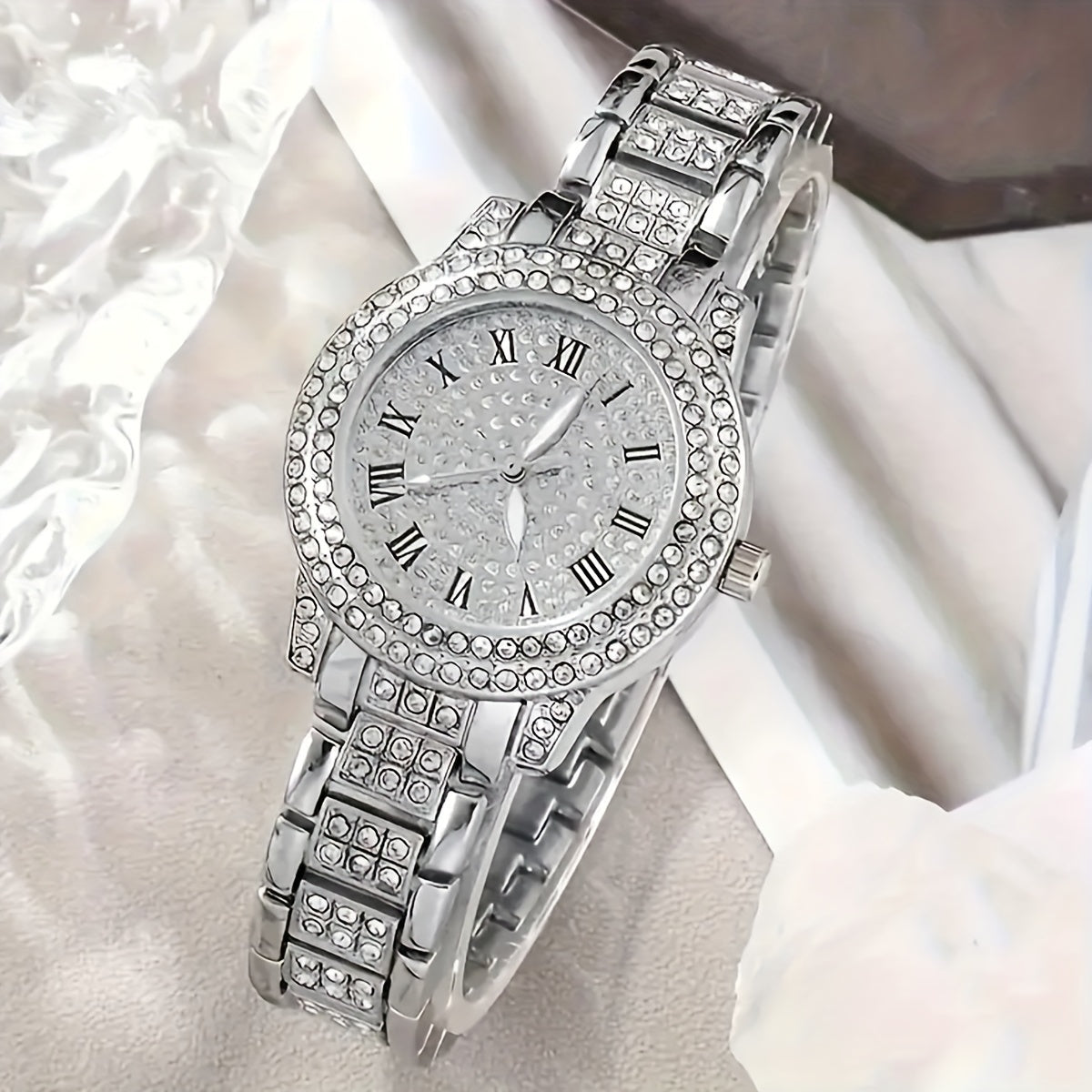 6pcs Elegant Women'S Jewelry Set - Zinc Alloy Body with Rhinestone Embellishments, Includes Quartz Roman Numerals Watch, Bracelet, Ring, Earrings, and Pendant Necklace - Versatile for Daily Wear and Gifting