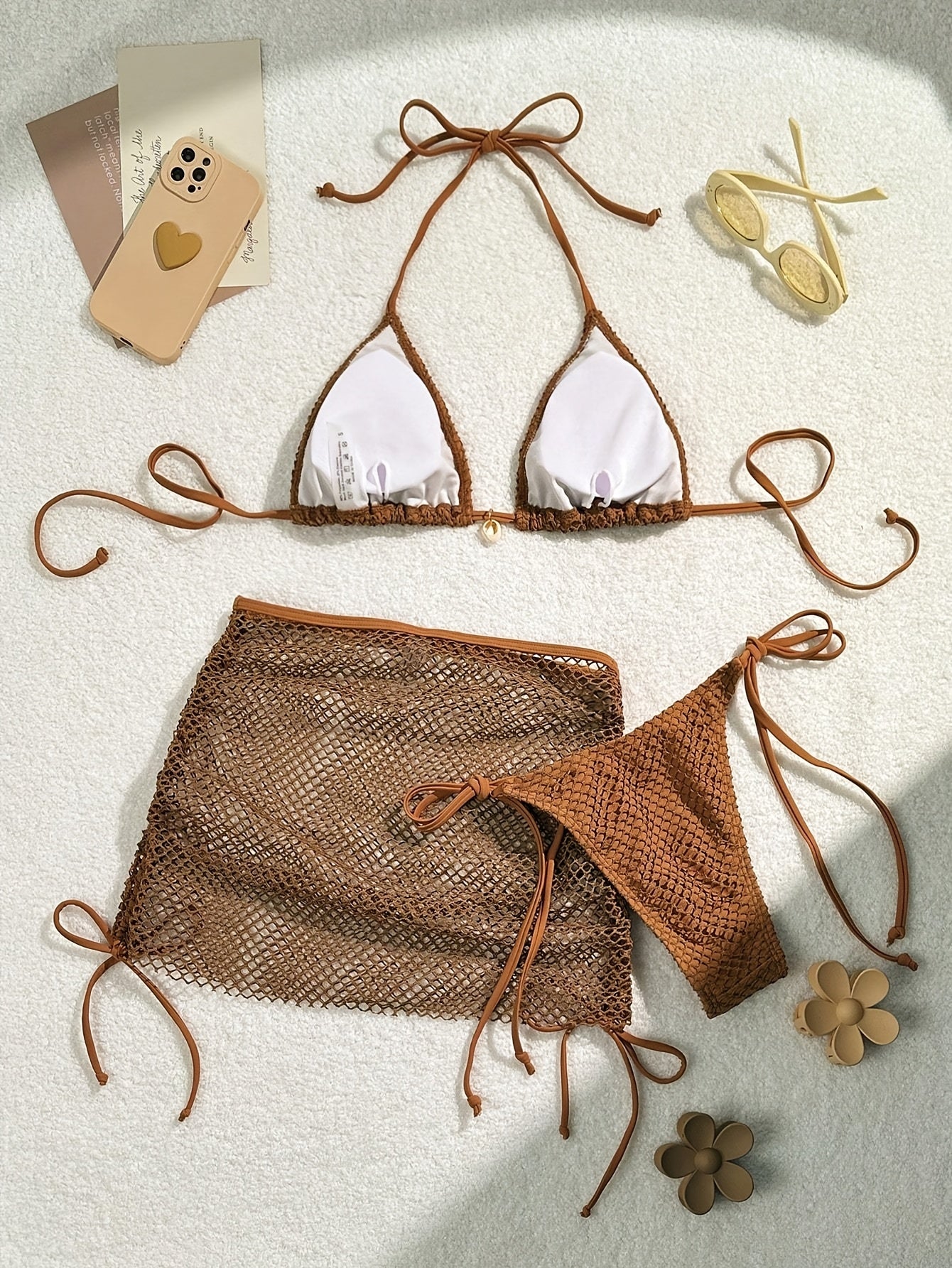 Solid Color 3pcs Bikini Set, Halter Neck with Mesh Tie Back and High Cut Sides, Cover-Up Wrap Swimsuit, Women's Swimwear and Clothing Triangle Top