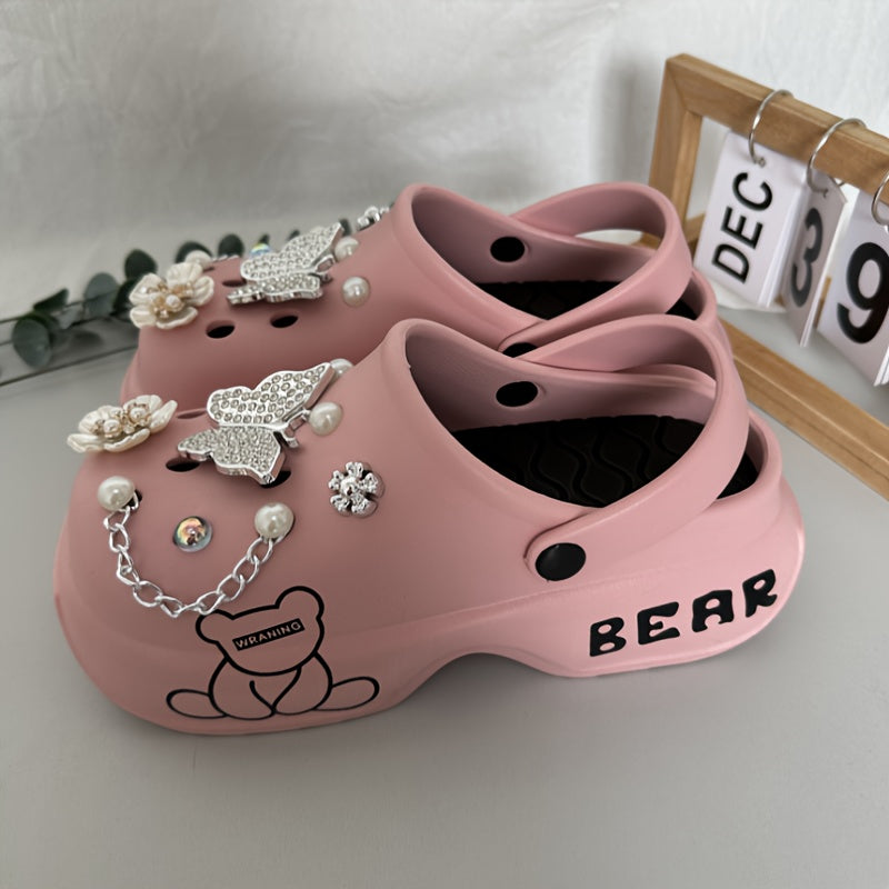 [Women's Cartoon Bear Mules Clogs] Casual Cartoon Bear Pattern Mules & Clogs for Women, Breathable EVA Platform Heel Clogs with Bow Embellishment, Versatile Indoor/Outdoor Fashion Footwear - Quanzhou Manufactured