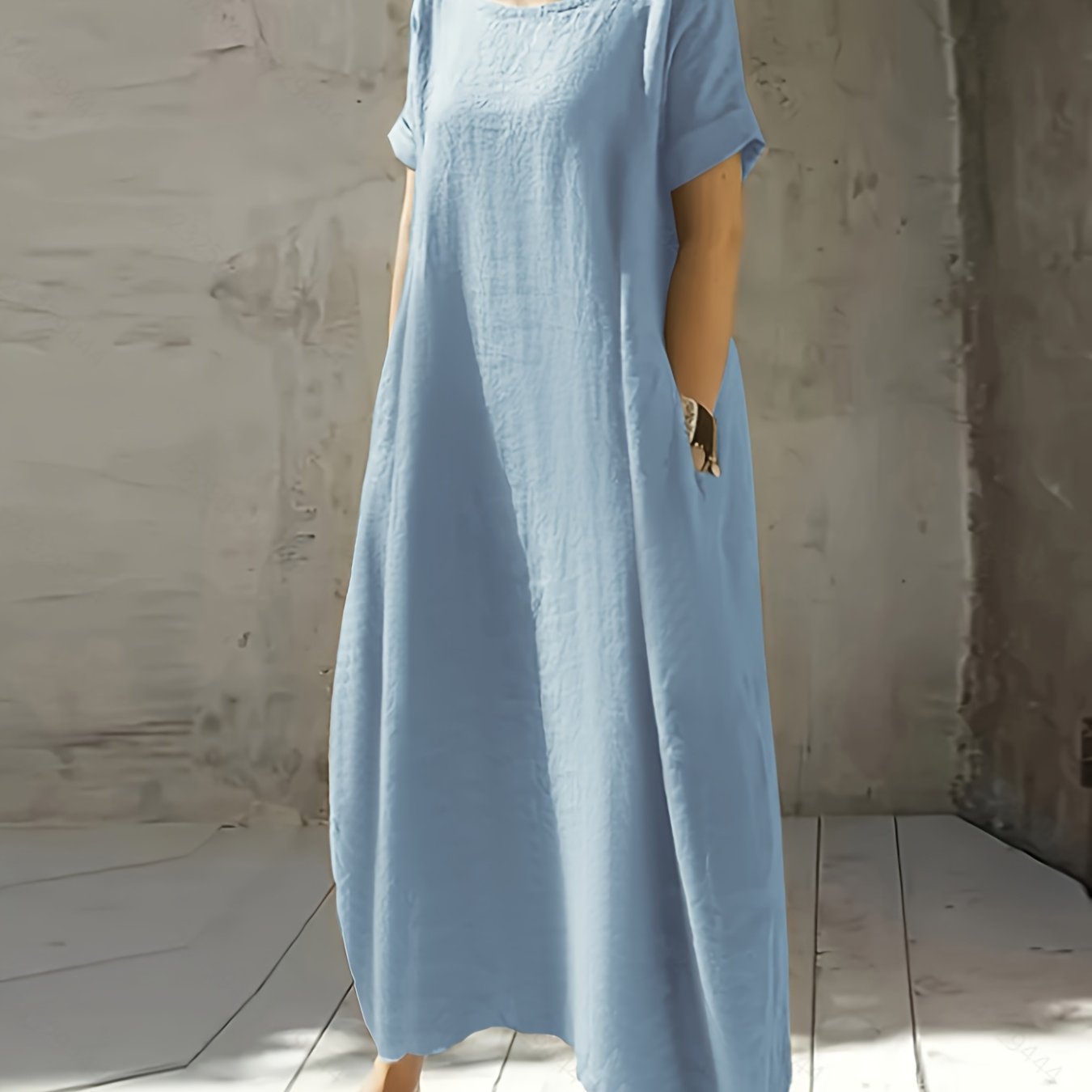 Women's New Summer Round Neck Short Sleeve Loose Dress with Pocket, Elegant and Pure Color Mid-Long Casual Skirt