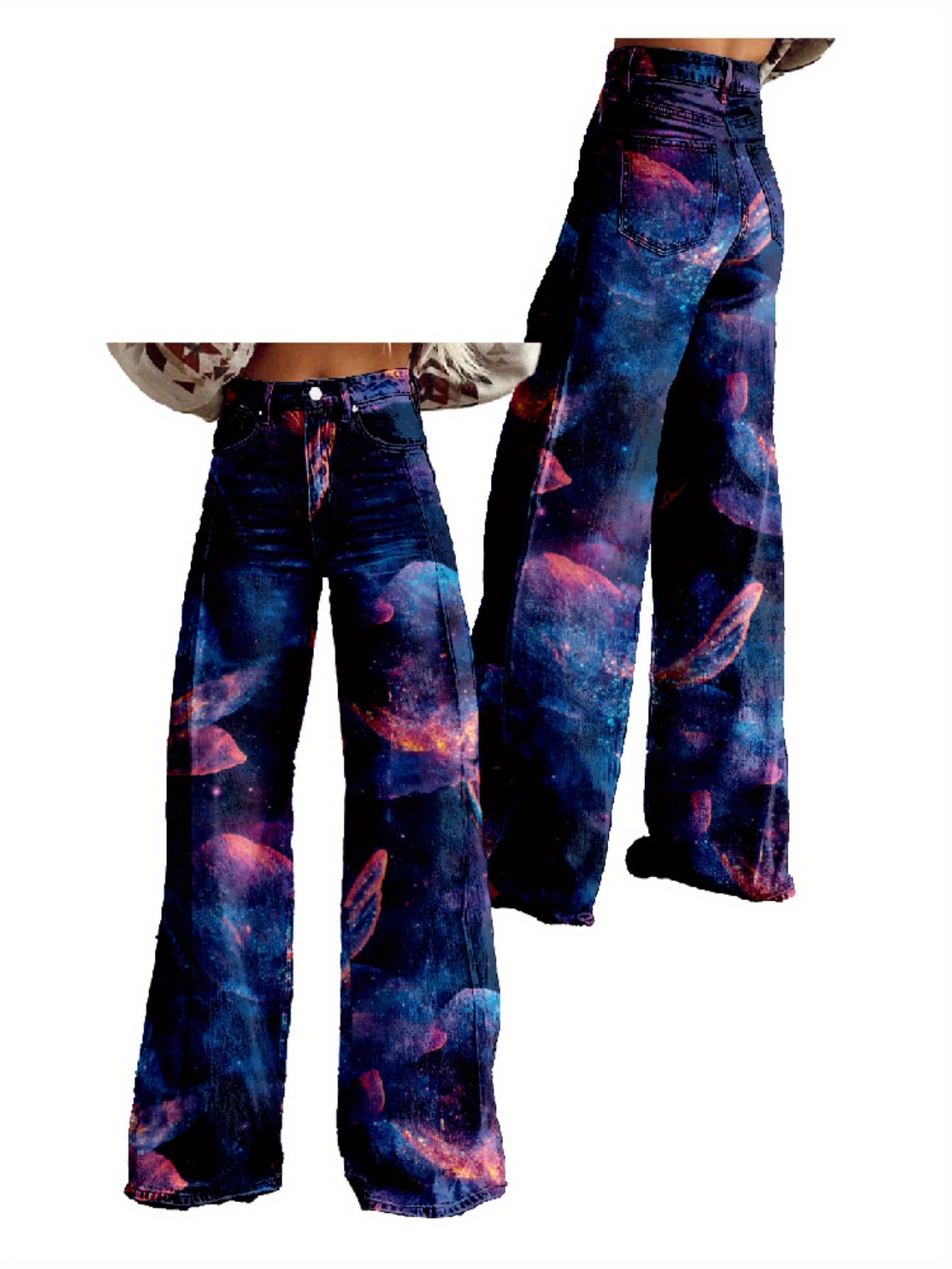 Y2K High Waisted Flared Wide Leg Pants - 3D Printed Abstract Floral & Cosmic Print Women's Trousers, Non-Stretch Machine Washable Loose Floor-Length Casual Comfort for Spring/Autumn Hip Hop Style, Spring Autumn Apparel | Thin