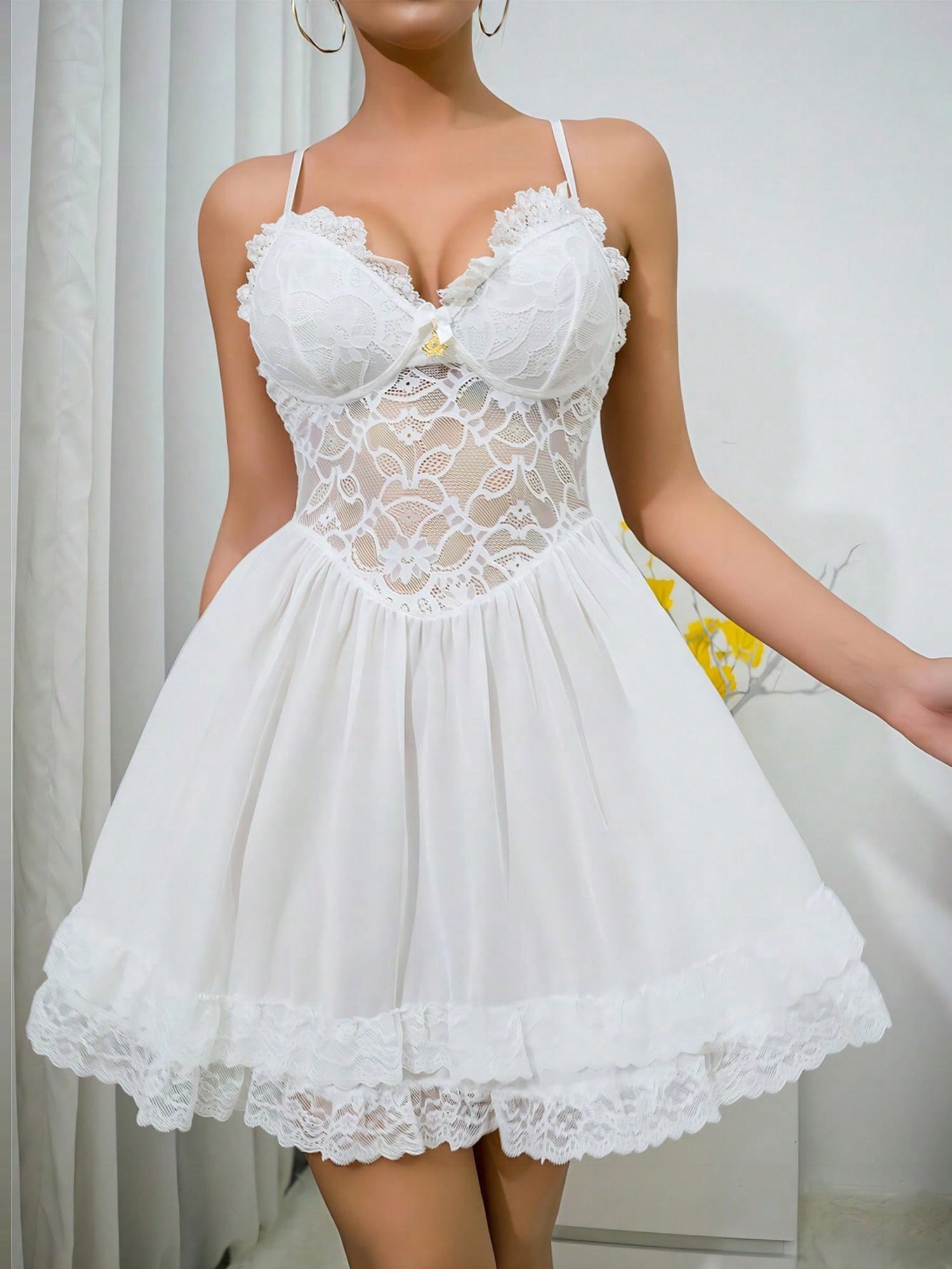 Women Spaghetti Strap Lace Nightgown Sweetheart Neck Sheer Mesh Sleeveless Flowy Lingerie Sleepwear Dress