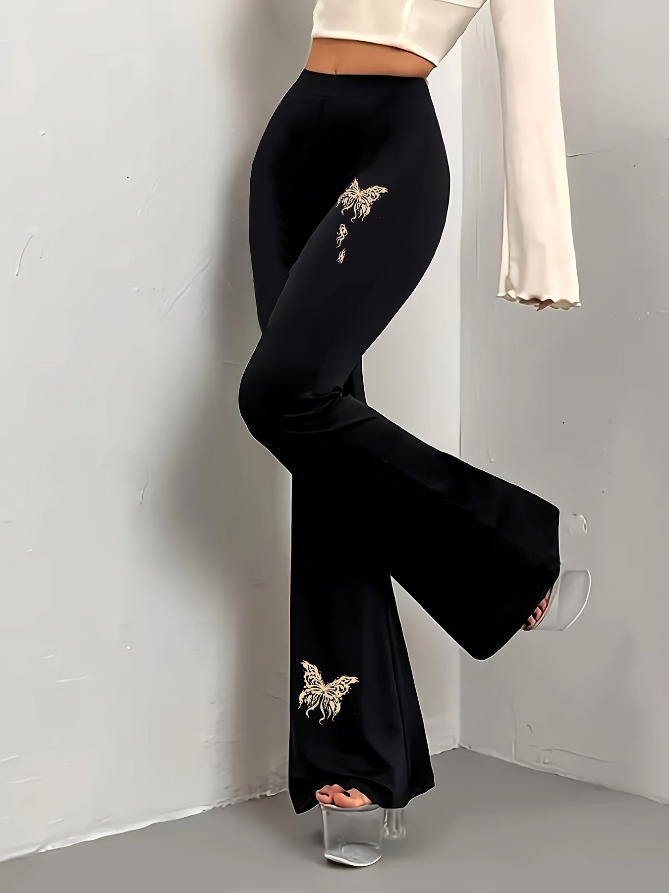Women's High-Waist Butterfly Print Flare Pants - Stretchy & Comfortable Polyester/Spandex Blend, Machine Washable, All-Season Casual Bell Bottoms with Smooth Fabric Texture, Butterfly Pants
