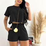 Solid Color Simple Casual Shorts Set, Crew Neck Short Sleeve Crop Top & Tie Waist Shorts Outfits For Spring & Summer, Women's Clothing