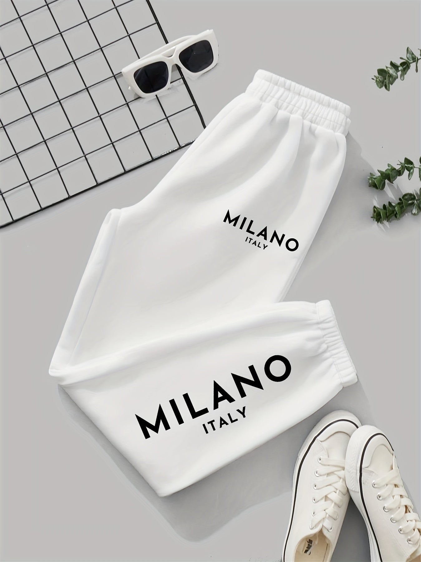 Milano Italy Printed Women'S Jogger Pants, Casual Knit Polyester 100% Fabric, 190g/m², All-Season, with Pockets, Fashionable Long Jogging Trousers for Adult