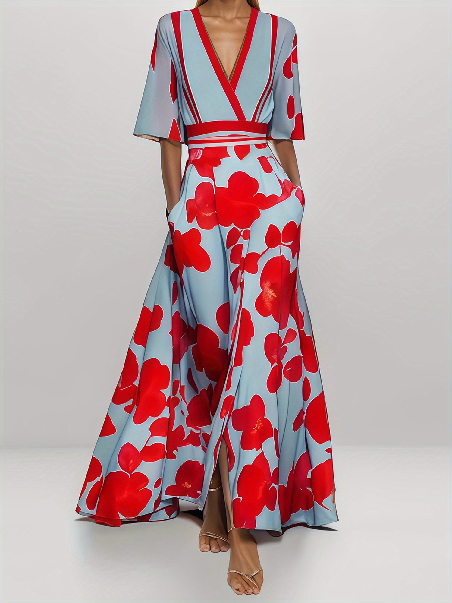 Women's Floral Print V-Neck Short Sleeve A-Line Dress - Red & Light Blue Summer Casual to Party Dress with Split Hem, Machine Washable Loose Fit Streetwear, Short Party Dress, Cocktail Attire, Comfortable Wear