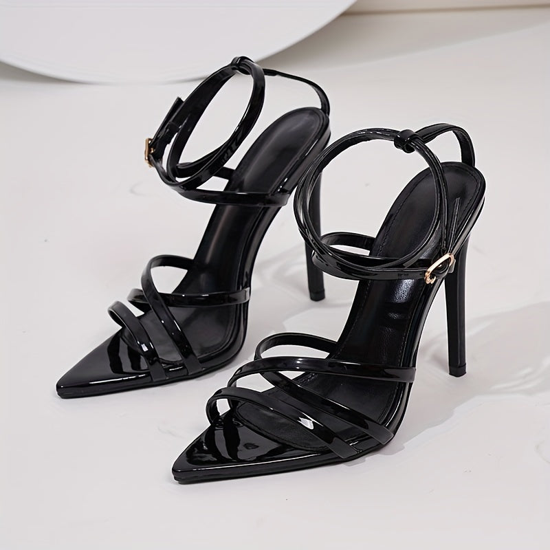 Mei Oi Women's Summer Sandals - Pointed Toe Stiletto Heel Ankle Strap High Heels with Buckle Closure, Black Synthetic Cover Dress Shoes for Parties & Formal Events, Party Footwear | Sleek Stiletto Design | Durable Rubber Sole