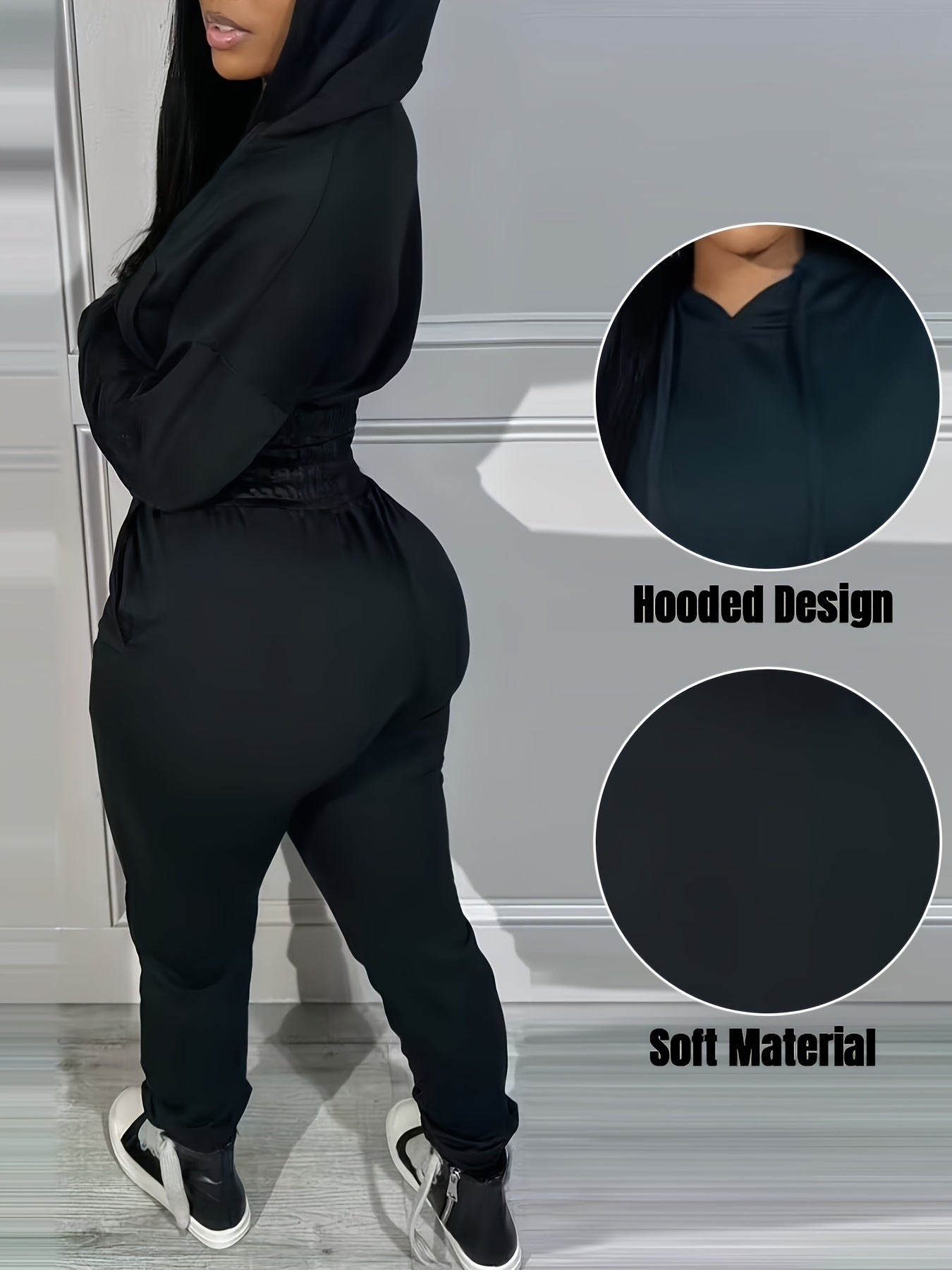 Two-piece Long Sleeve Kangaroo Pocket Drawstring Hoodie & High Waist Drawstring Jogger Pants, Casual Solid Color Women's Clothing Set