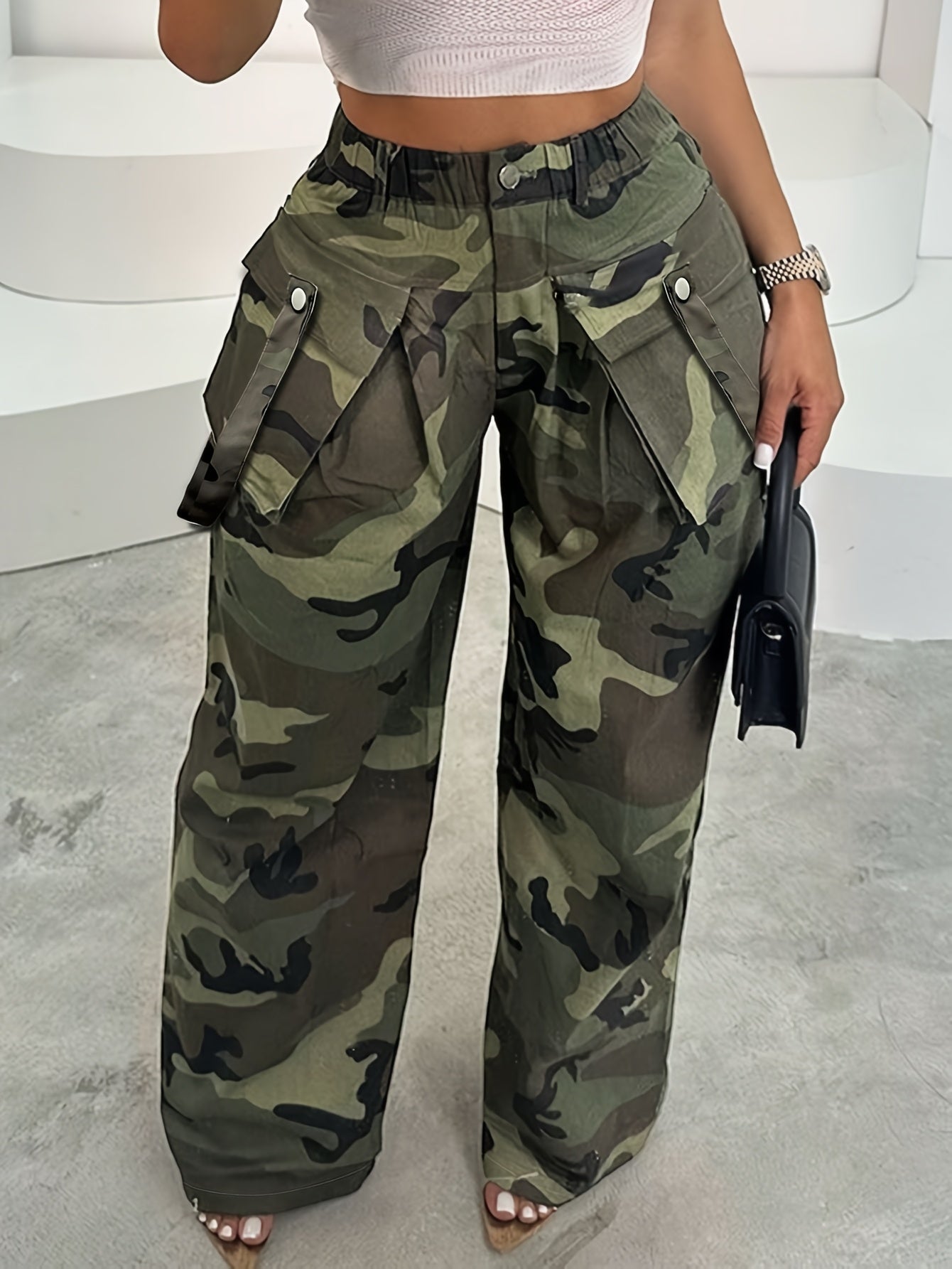 Women'S Camo Print Cargo Pants with Zipper Pockets, Casual Loose Fit Wide Leg Trousers for Casual Attire, High-Quality Cargo Pants