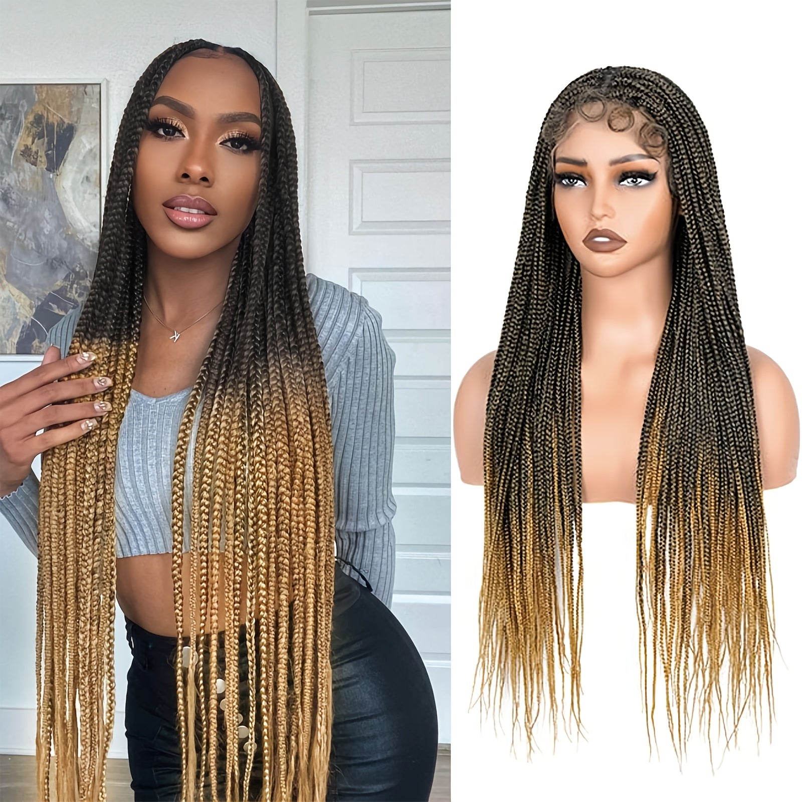 28-Inch Light Brown Lace Front Wigs with, Featuring 360° HD Technology And Knotless Braids, Designed for Women.
