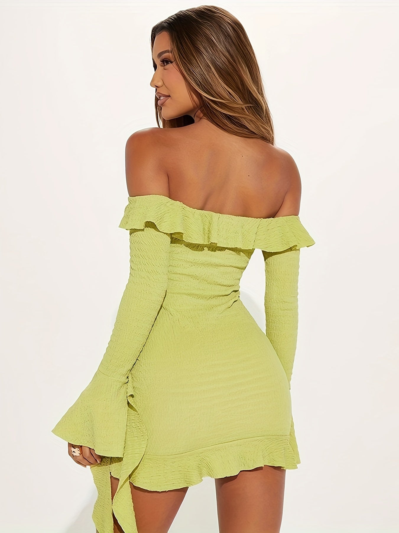[Off Shoulder Ruffle Hem Dress] Ruffle Hem Off Shoulder Dress, Sexy Long Sleeve Bodycon Dress For Spring & Fall, Women's Clothing