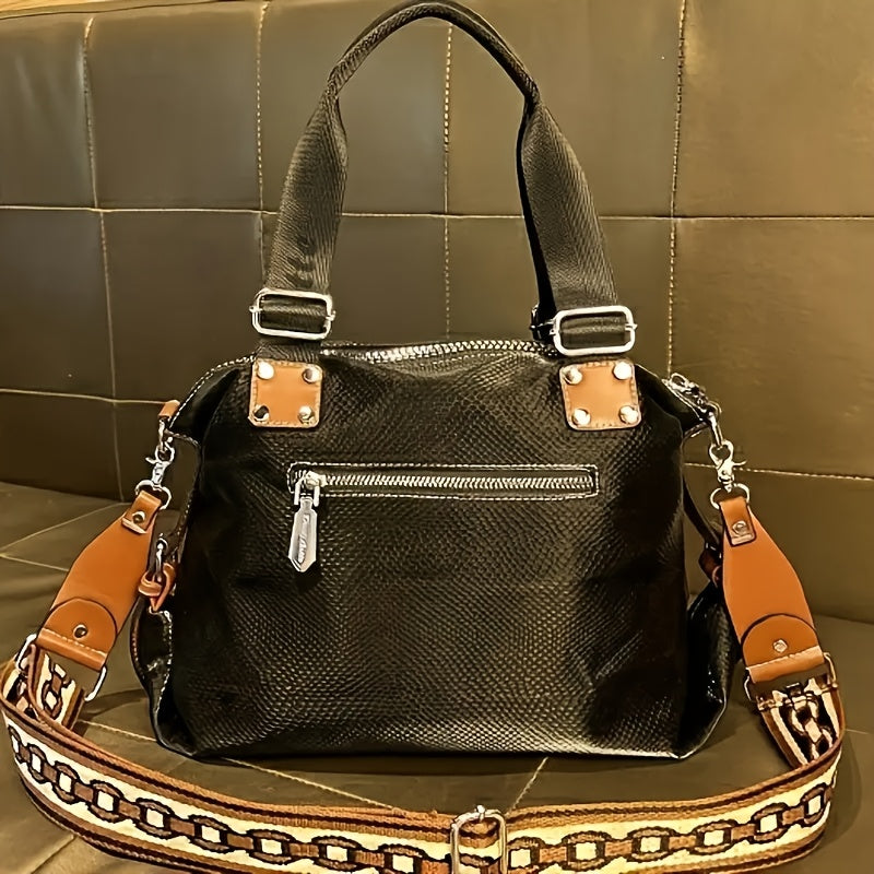 Elegant Retro Faux Leather Handbag for Women - Large Capacity Crossbody Bag with Adjustable Strap, Zip Closure, and Stylish Contrast Detailing in Black & White