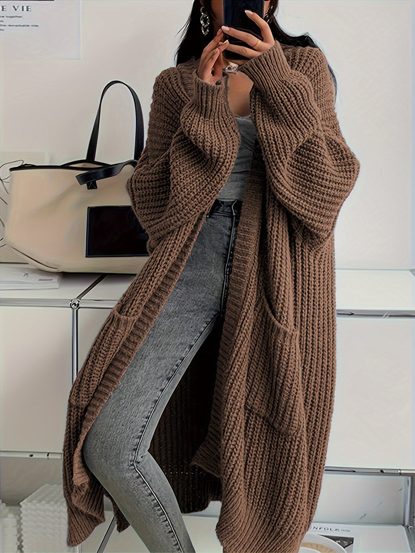 Cardigan sweater - Patched Pockets Open Front Cardigan - Solid, Long Sleeve, Knitted - Fall & Winter - Women - Cozy & Stylish - Cozy Comfort, Effortless Style