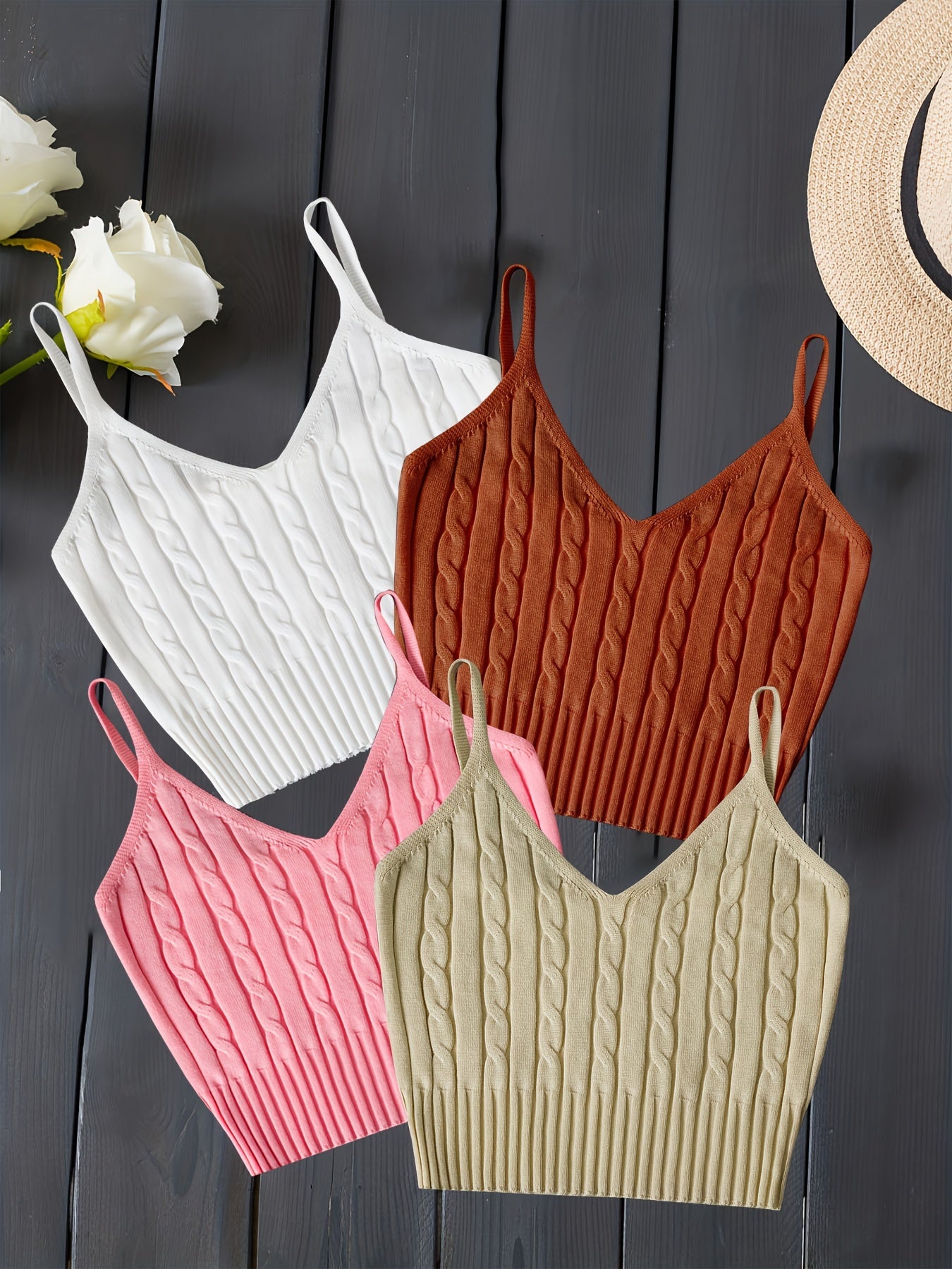 Valentine's Day 4 Packs Cable Knit Cami Tops, Versatile Crop V Neck Summer Sleeveless Cami Tops, Women's Clothing