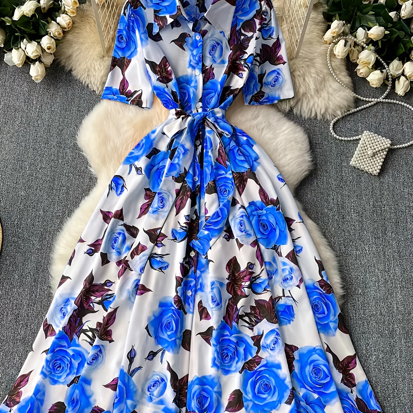 Elegant Women'S Floral Print Dress with Short Sleeves, Lapel Collar, and Cinched Waist - Romantic Rose Design, Perfect for Spring Outings, Garden Parties, and Casual Events, Garden Party Dress | Floral Print Dress | Stylish D