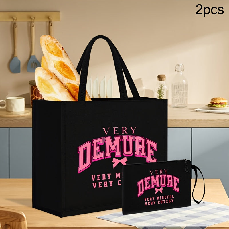 2pcs Chic Black Linen Tote & Makeup Bag Set with "VERY DEMURE" Print - Lightweight, Durable Shopping and Beach Travel Bags with Pink Bow Accent, Hand Washable