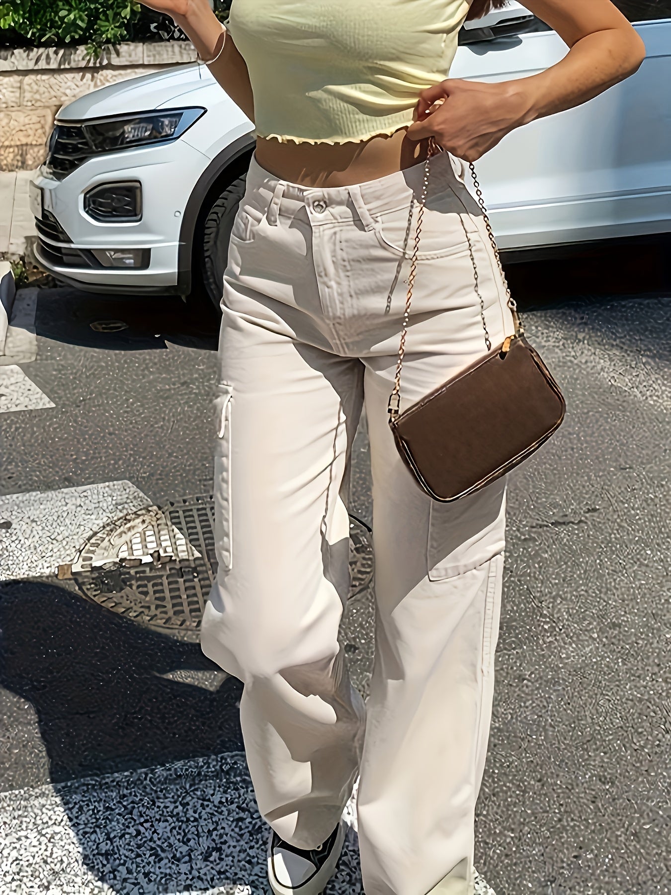 Women'S Casual Solid Cargo Pants, Polyester High Waist Wide Leg Pants with Pocket, All-Season Woven Fabric, 150g/㎡ Weight