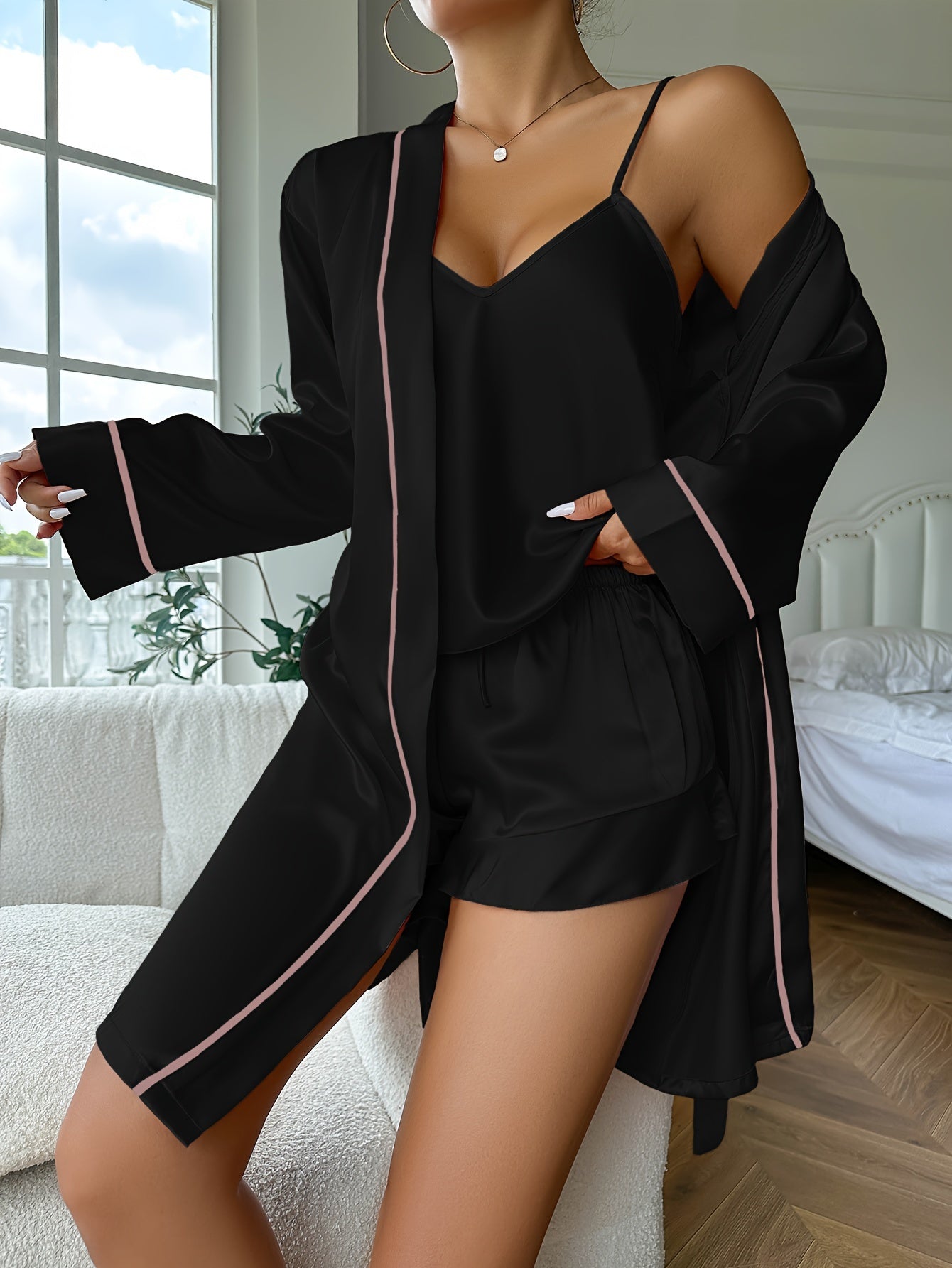Luxurious Satin Pajama Set - Cozy Long Sleeve Robe with Belt, V-Neck Cami Top & Shorts - Womens Effortless Sleepwear and Lounging Elegance