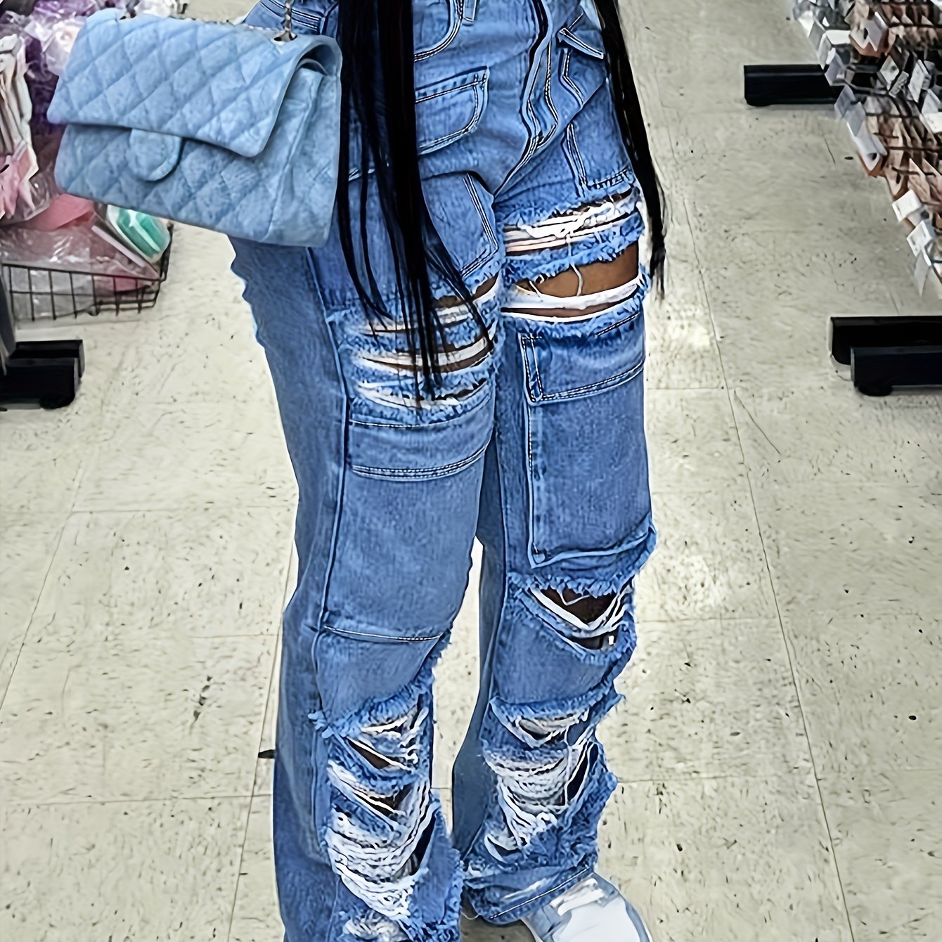 High Waisted Imitation Old Cut Hole Straight Leg Pants, Long Jeans, Loose Wide Leg Slanted Pockets And Button Closure, Multifunctional Women's Work Pants, Women's Jeans And Clothing