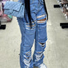 High Waisted Imitation Old Cut Hole Straight Leg Pants, Long Jeans, Loose Wide Leg Slanted Pockets And Button Closure, Multifunctional Women's Work Pants, Women's Jeans And Clothing