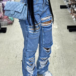 High Waisted Imitation Old Cut Hole Straight Leg Pants, Long Jeans, Loose Wide Leg Slanted Pockets And Button Closure, Multifunctional Women's Work Pants, Women's Jeans And Clothing