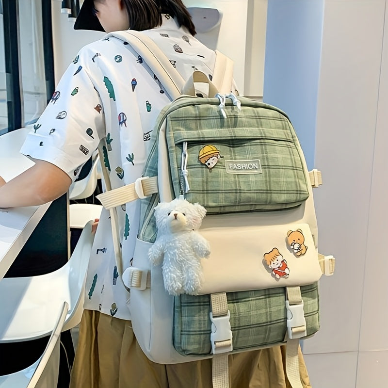 Fashionable And Lovely Plaid Backpack - Five-piece Set - Casual Simple Backpack - For Women - Suitable for School, Travel, Everyday Use - Perfect Gift for Teen Girls